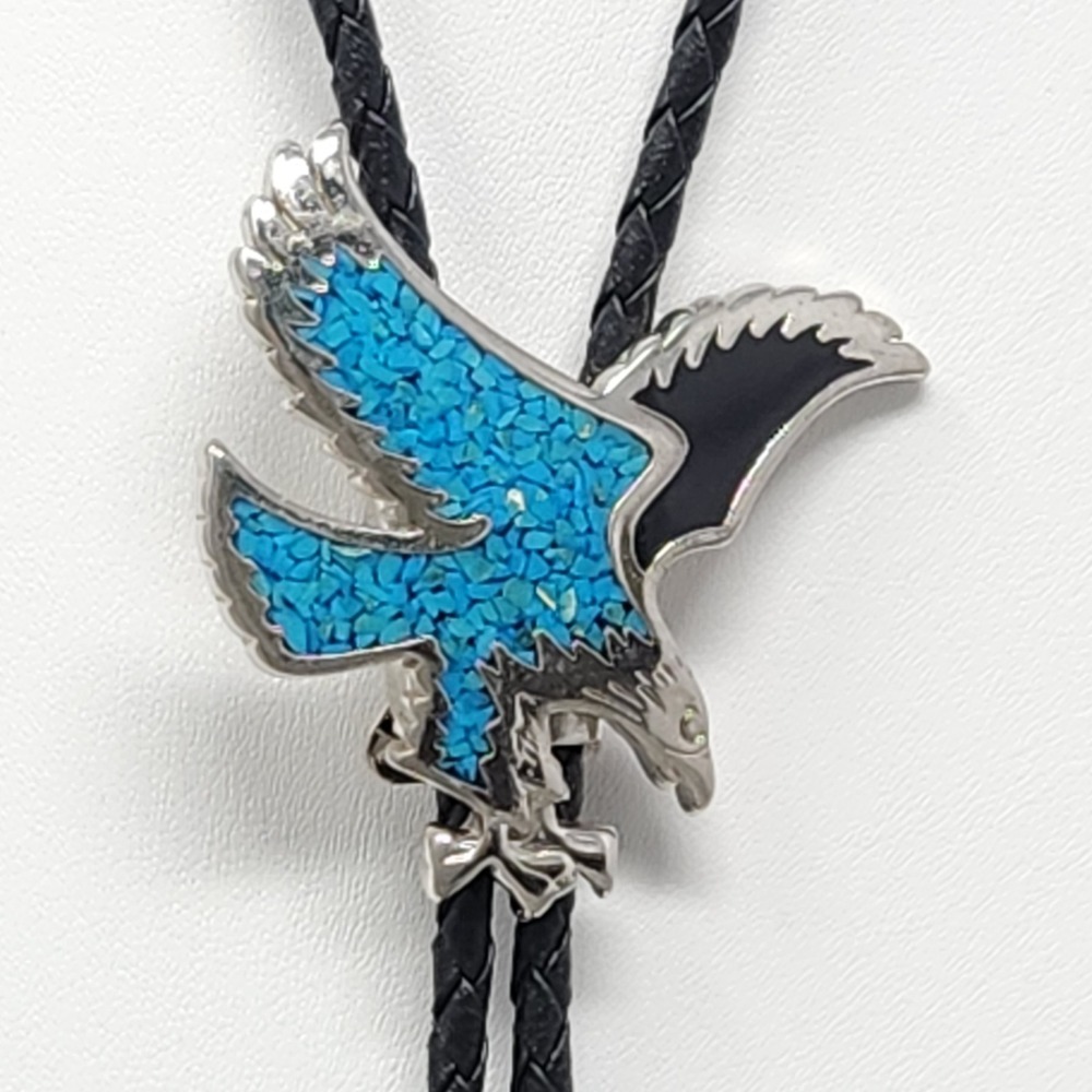 Vintage Eagle Bolo Tie Crushed Turquoise Inlay Silver Tone Southwest 33 Inch